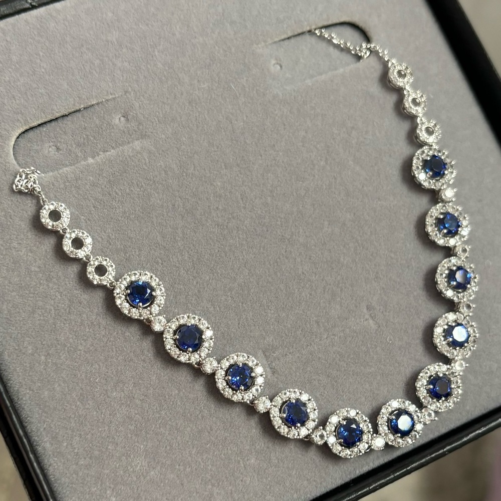 Sterling Silver Blue and White Sapphire Halo Necklace